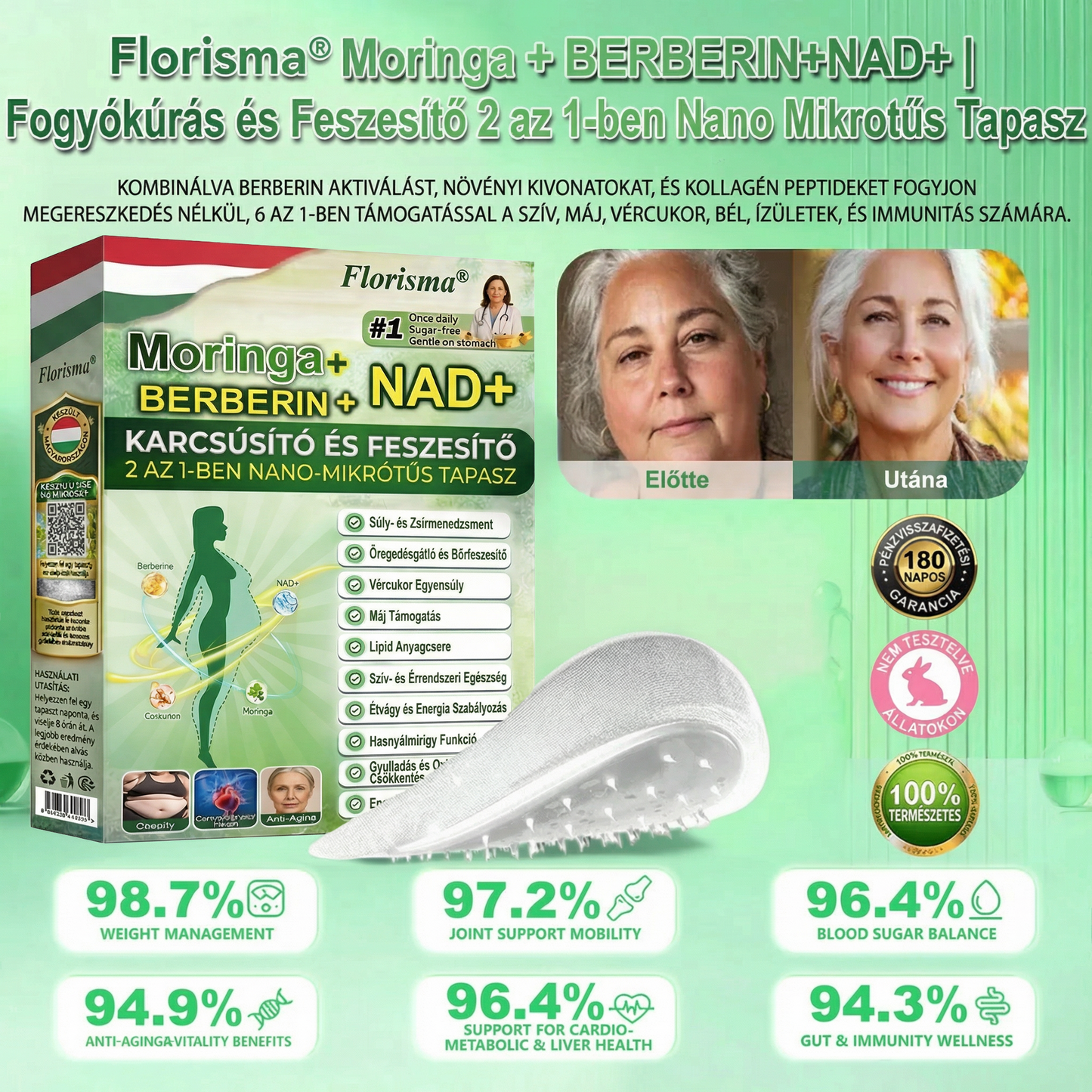 Utánvéttel fizetés [70% kedvezmény] | Magyarországon készült 🇭🇺 Florisma® 👩‍⚕️ Prémium 10 az 1-ben mikro-tűs tapasz moringával és berberinnel. Ajánlott elhízásra, cukorbetegségre, alvási apnoéra és ízületi problémákra 🌈